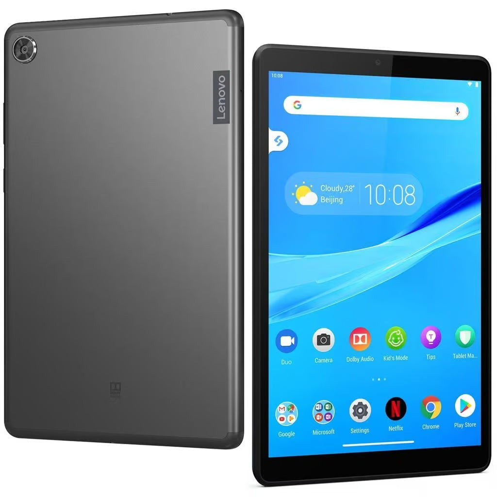 Vista frontale e posteriore del Lenovo Tab M8 TB-8505F, tablet da 8 pollici con finitura grigia e fotocamera posteriore integrata. Vista frontale e posteriore del Lenovo Tab M8 TB-8505F, tablet da 8 pollici con finitura grigia e fotocamera posteriore integrata.